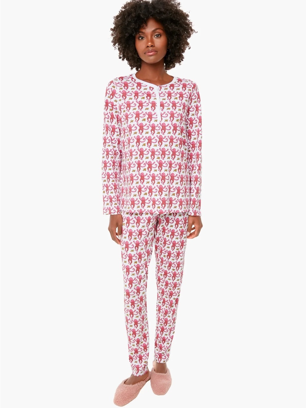 Roller Rabbit Pink and White Monkey-Print Long-Sleeve Pajama Set